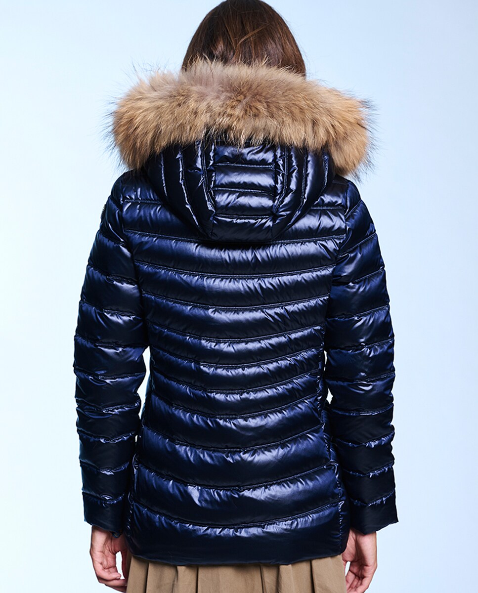 Blusão Acolchoado Cintado com Capuz Desmontável Azul-marinho-2