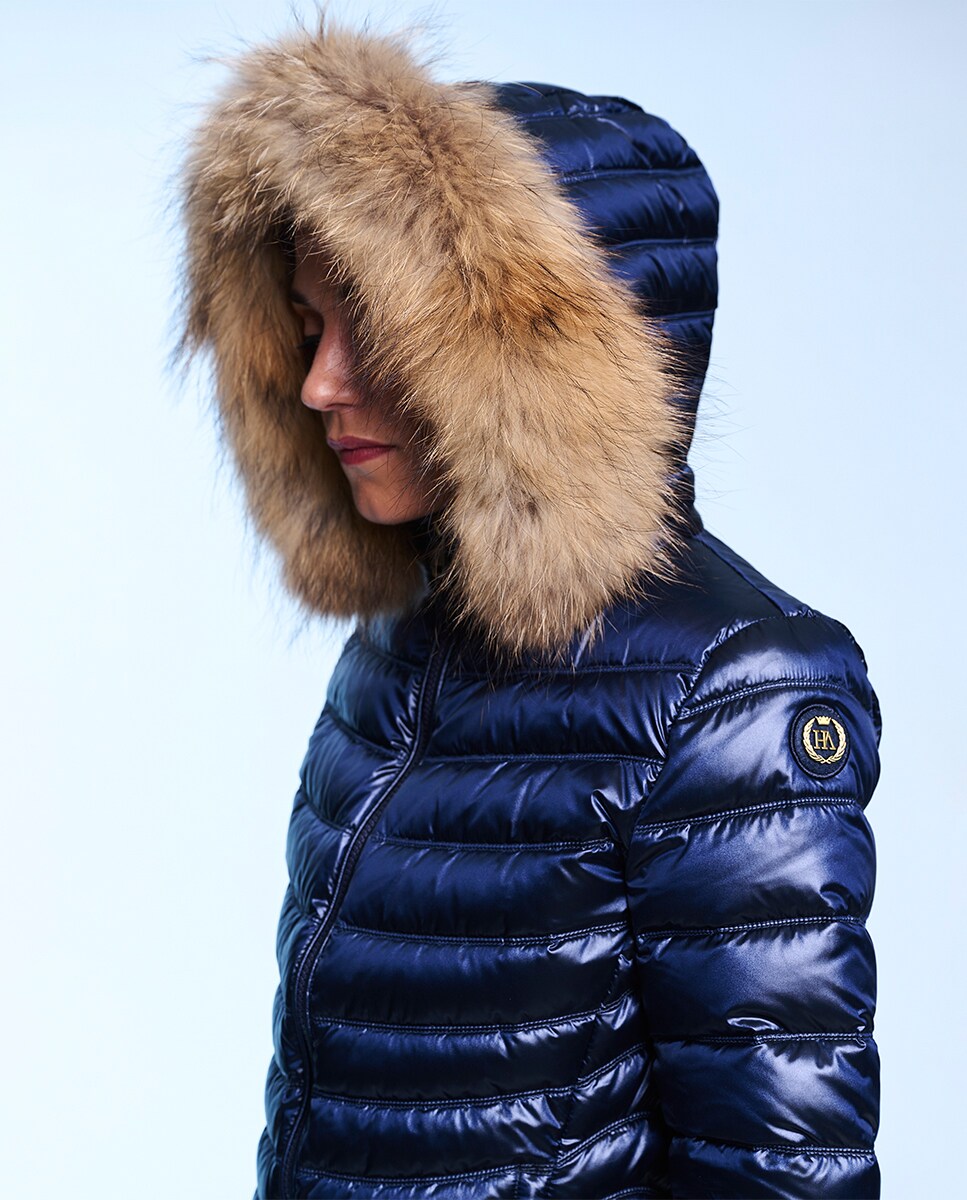 Blusão Acolchoado Cintado com Capuz Desmontável Azul-marinho-3