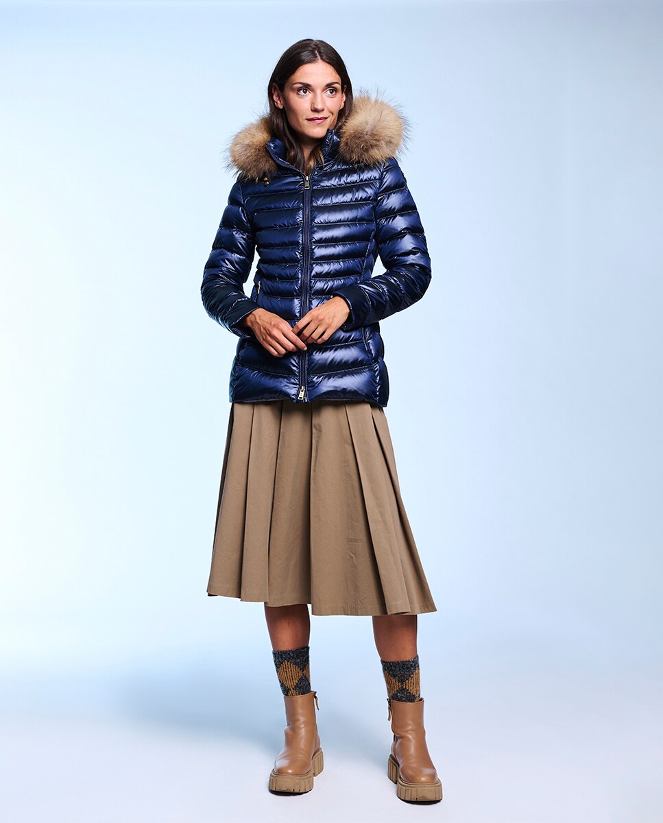 Blusão Acolchoado Cintado com Capuz Desmontável Azul-marinho-4