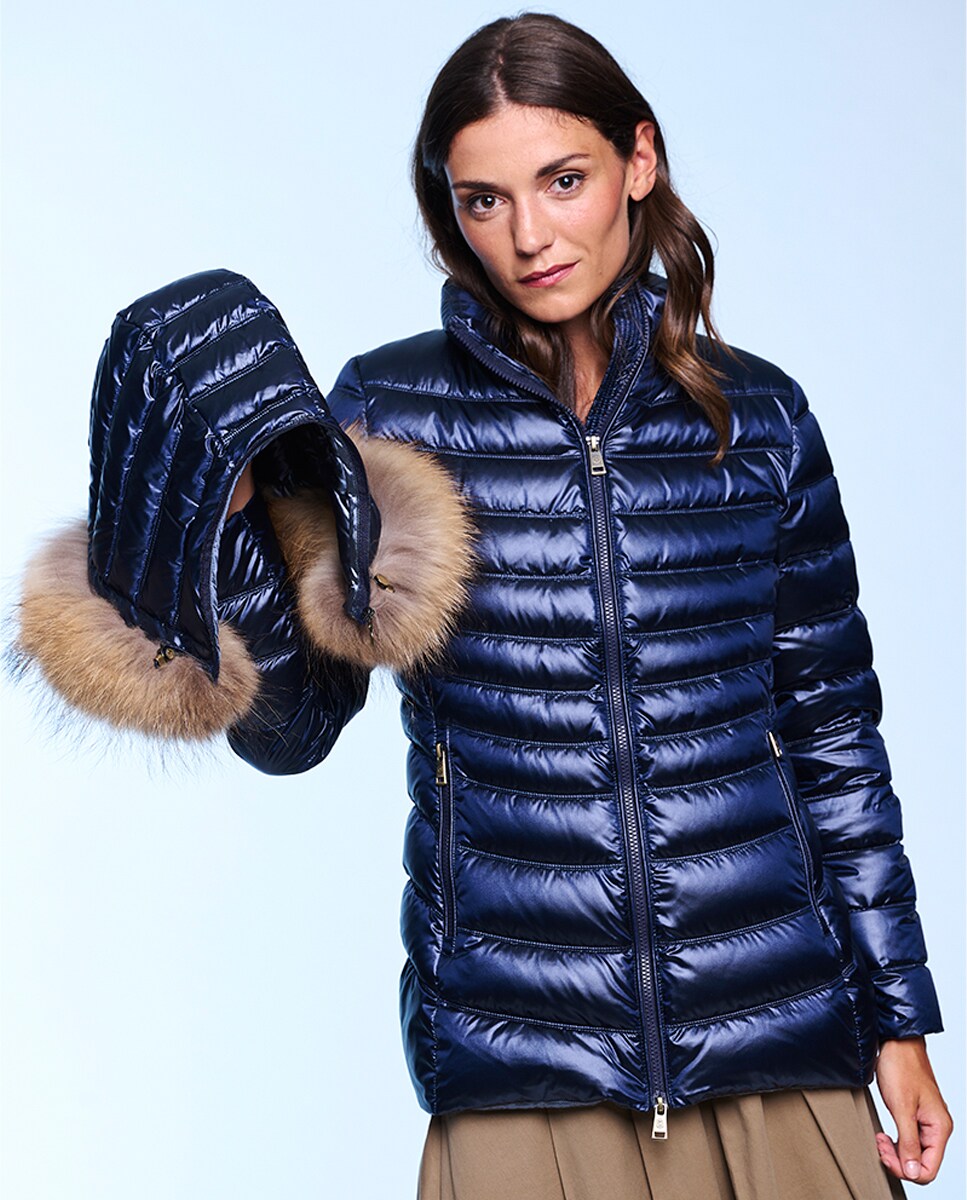 Blusão Acolchoado Cintado com Capuz Desmontável Azul-marinho-5