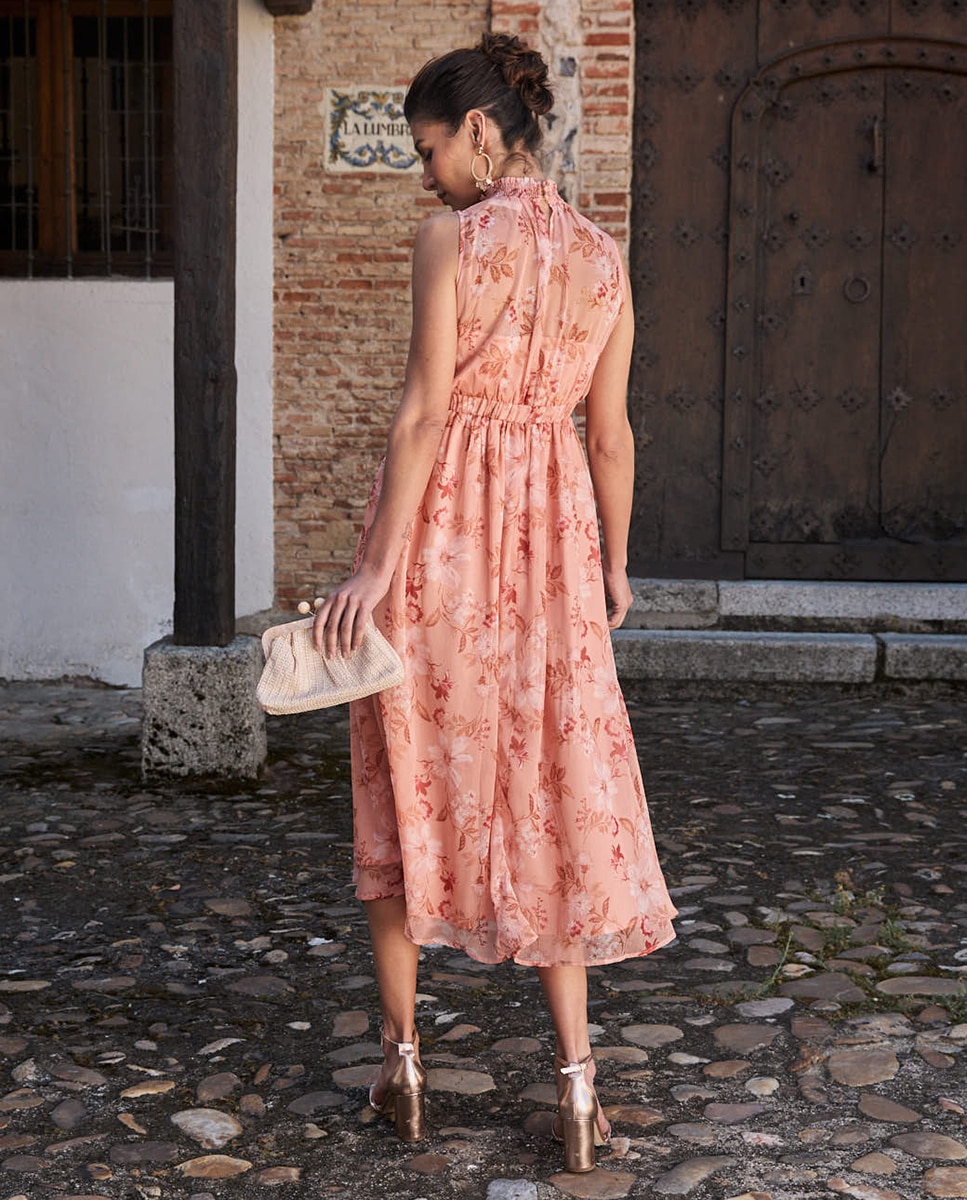 Vestido Comprido de Combinada com Estampado Floral Pêssego-2
