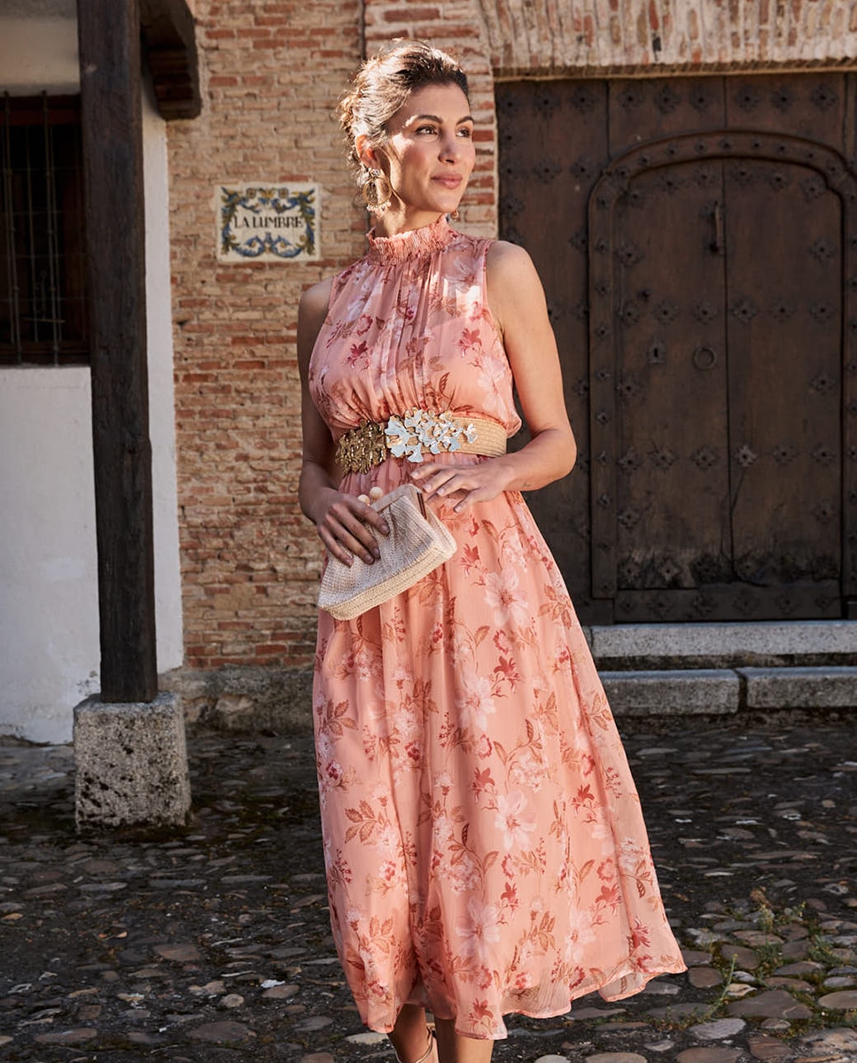 Vestido Comprido de Combinada com Estampado Floral Pêssego-3