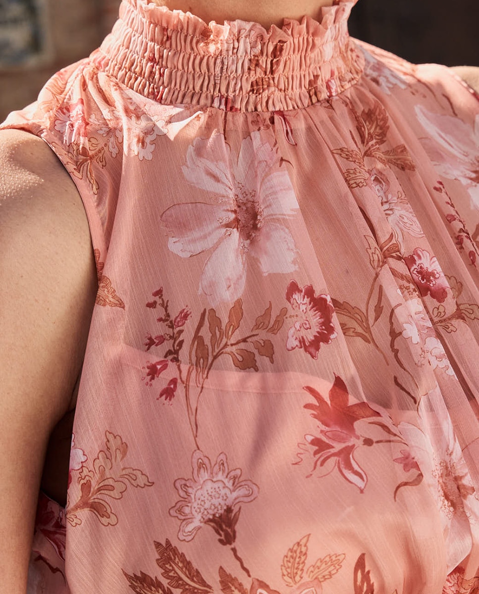 Vestido Comprido de Combinada com Estampado Floral Pêssego-5