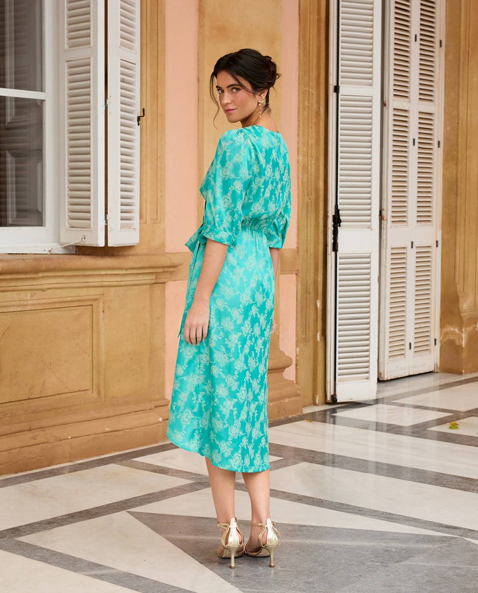 Vestido de Convidada com Estampado Jacquard Turquesa-2
