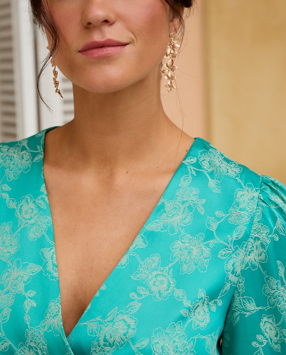 Vestido de Convidada com Estampado Jacquard Turquesa-5