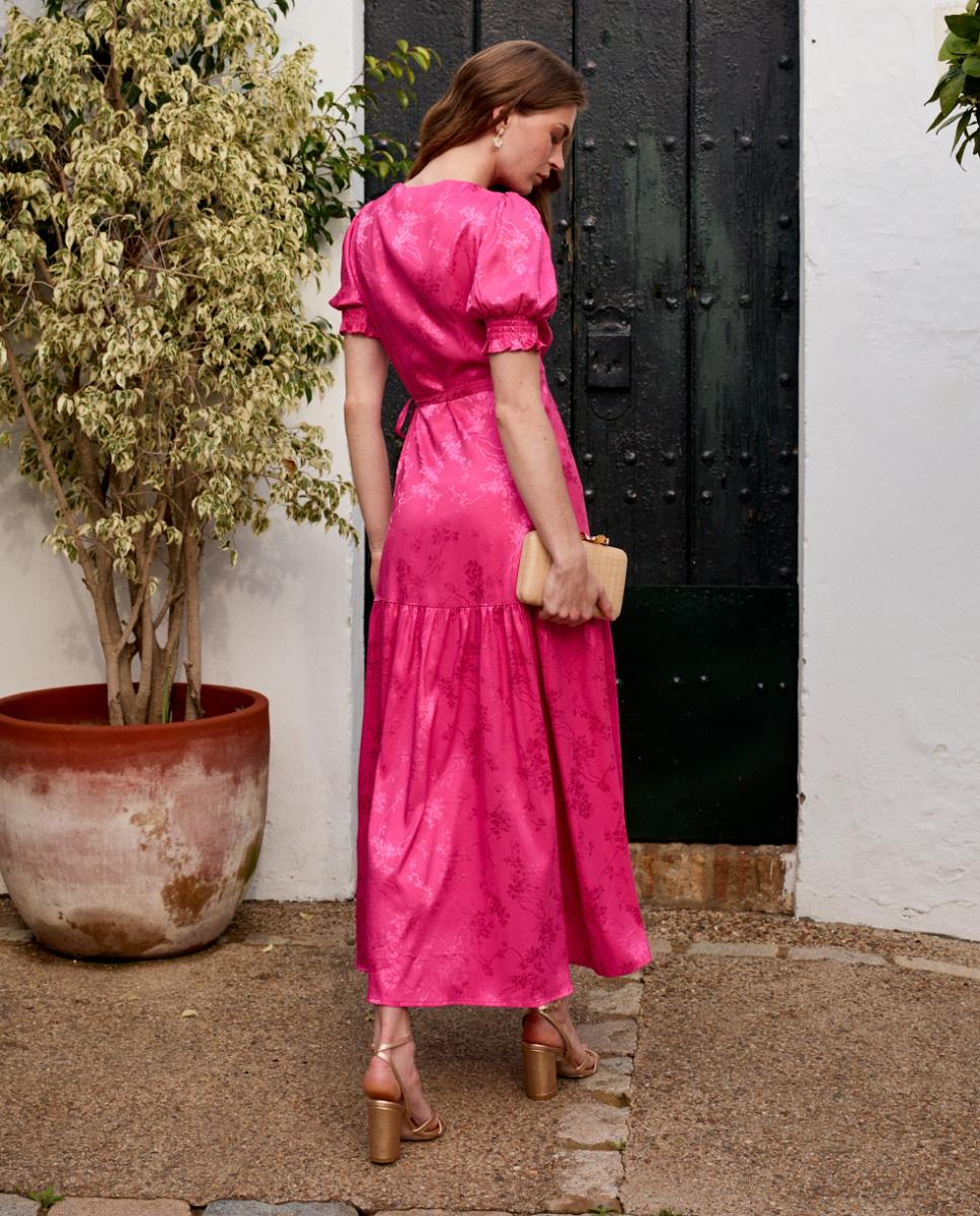 Vestido Midi Estampado com Decote Cruzado Rosa-2