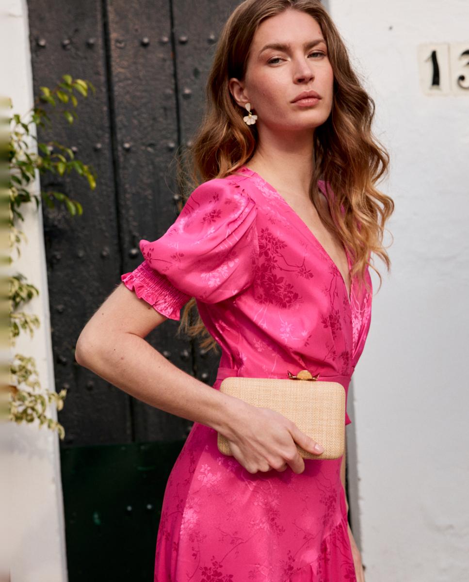Vestido Midi Estampado com Decote Cruzado Rosa-3