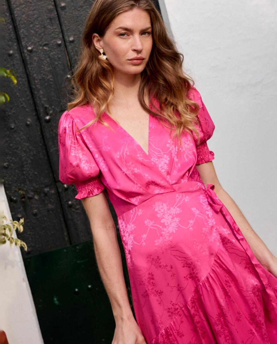 Vestido Midi Estampado com Decote Cruzado Rosa-7