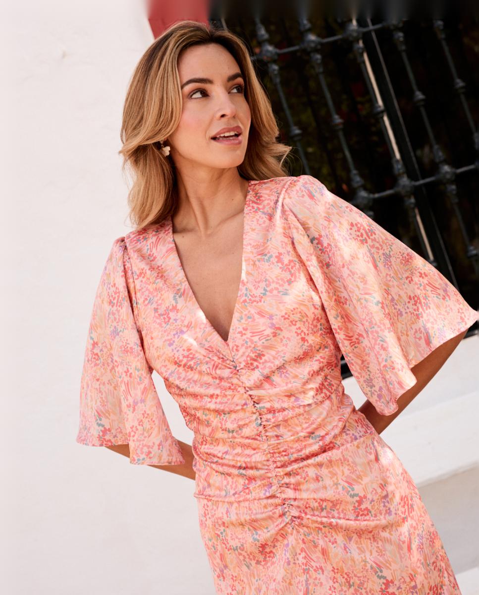 Vestido Comprido Acetinado de Convidada Pêssego-4