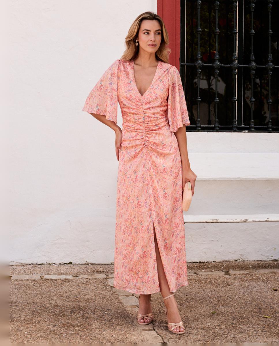Vestido Comprido Acetinado de Convidada Pêssego-5