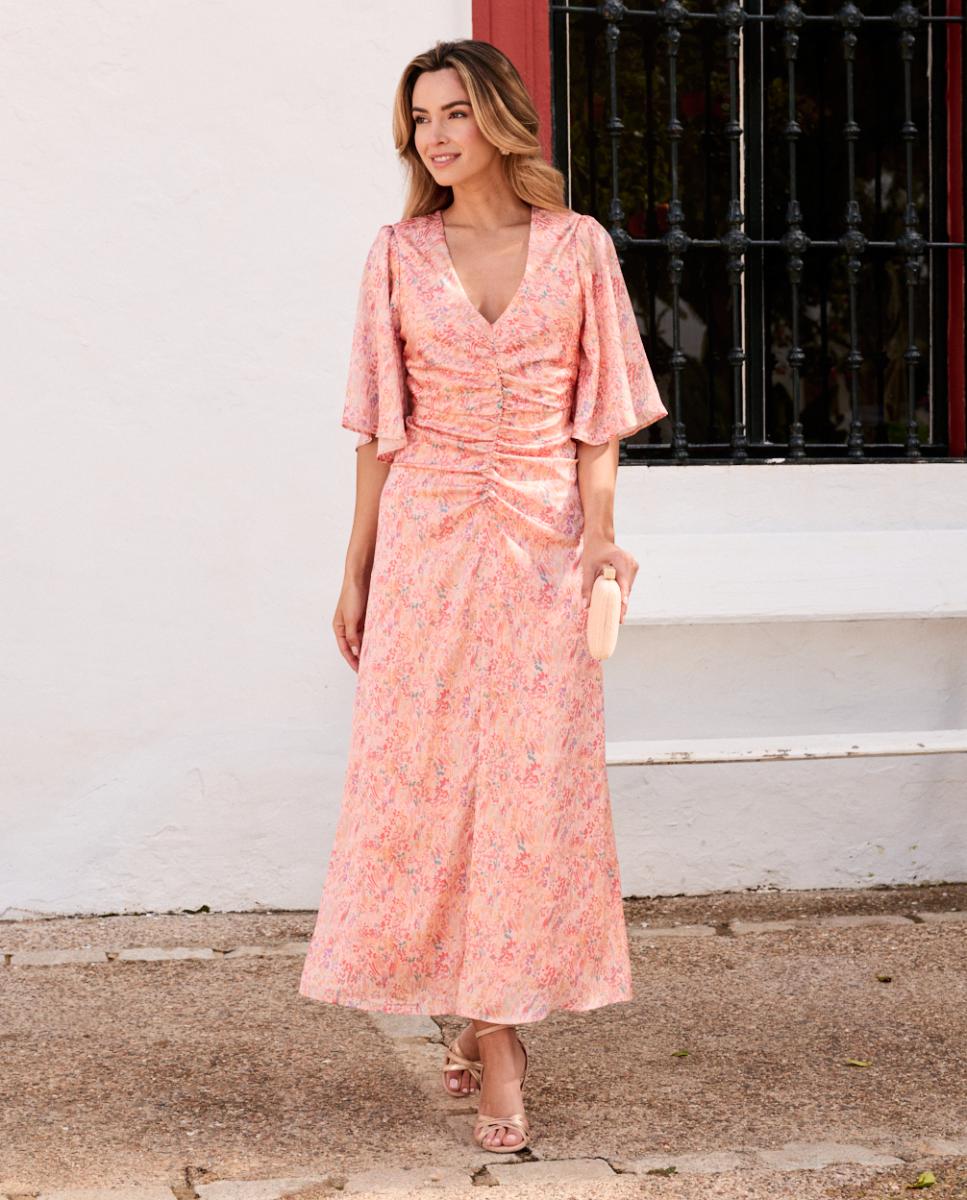 Vestido Comprido Acetinado de Convidada Pêssego-6