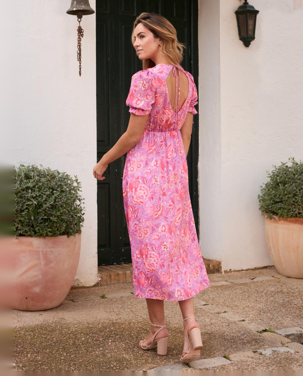 Vestido de Convidada com Mangas em Balão e Estampado Floral Rosa-claro-2