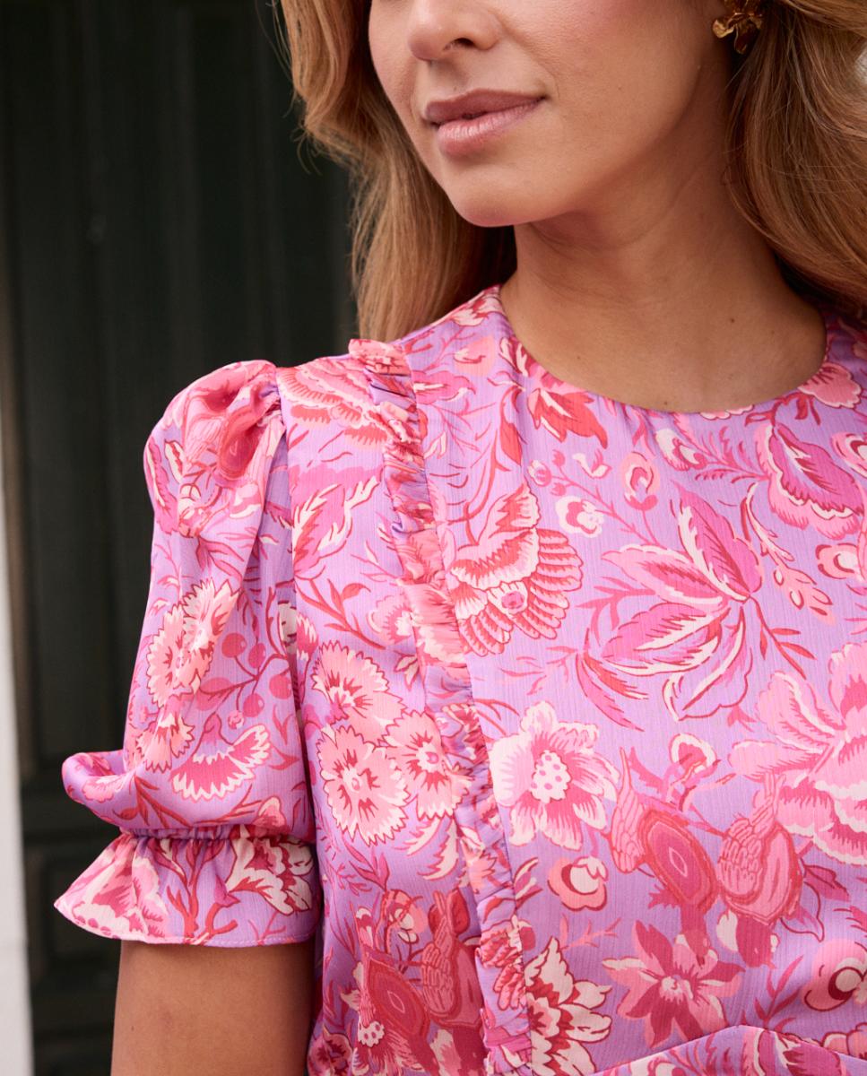 Vestido de Convidada com Mangas em Balão e Estampado Floral Rosa-claro-6
