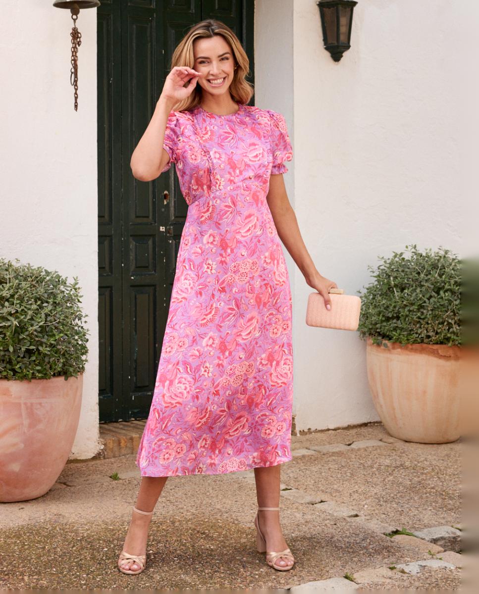 Vestido de Convidada com Mangas em Balão e Estampado Floral Rosa-claro-8