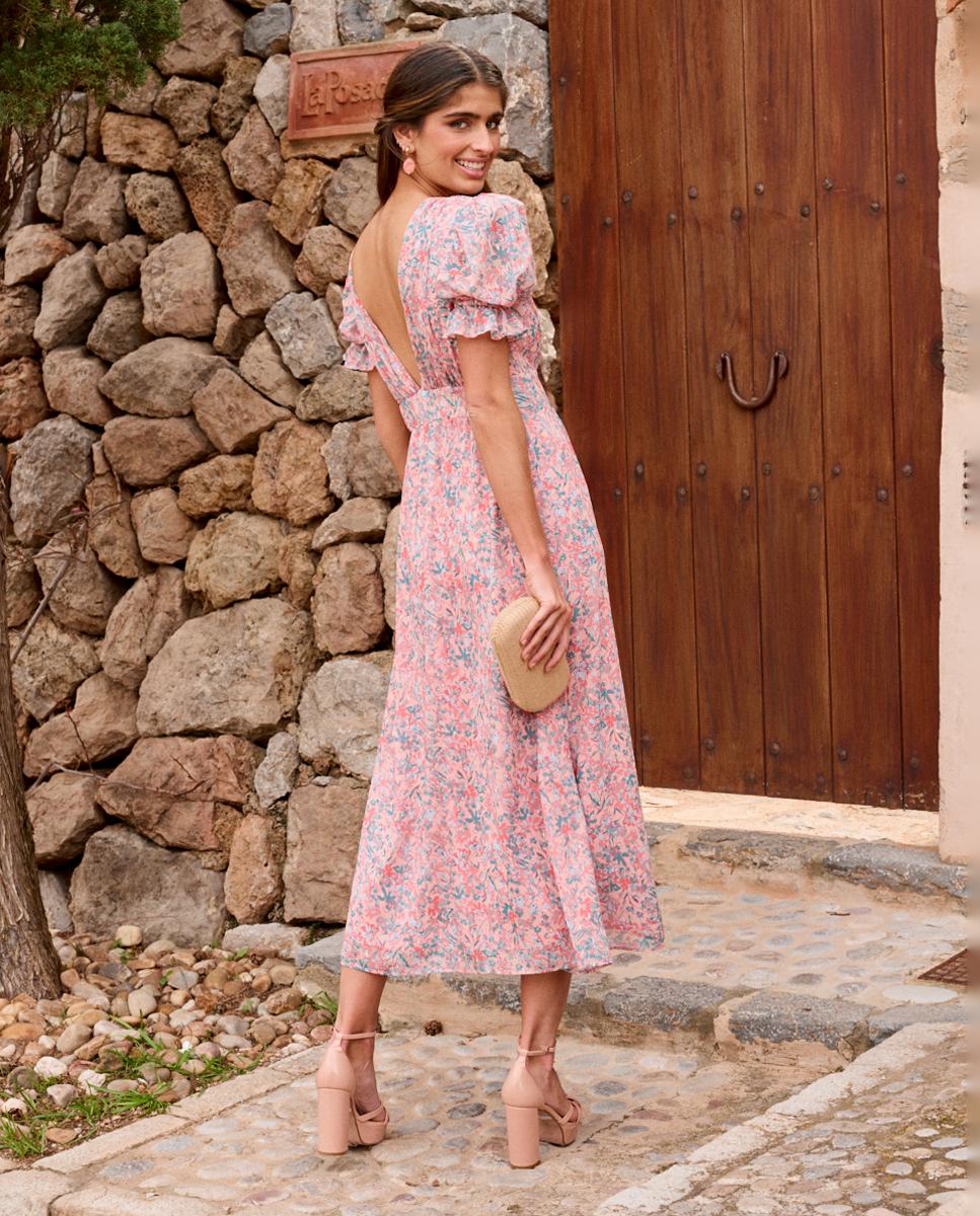 Vestido de Convidada com Mangas em Balão e Estampado Floral Bege-2