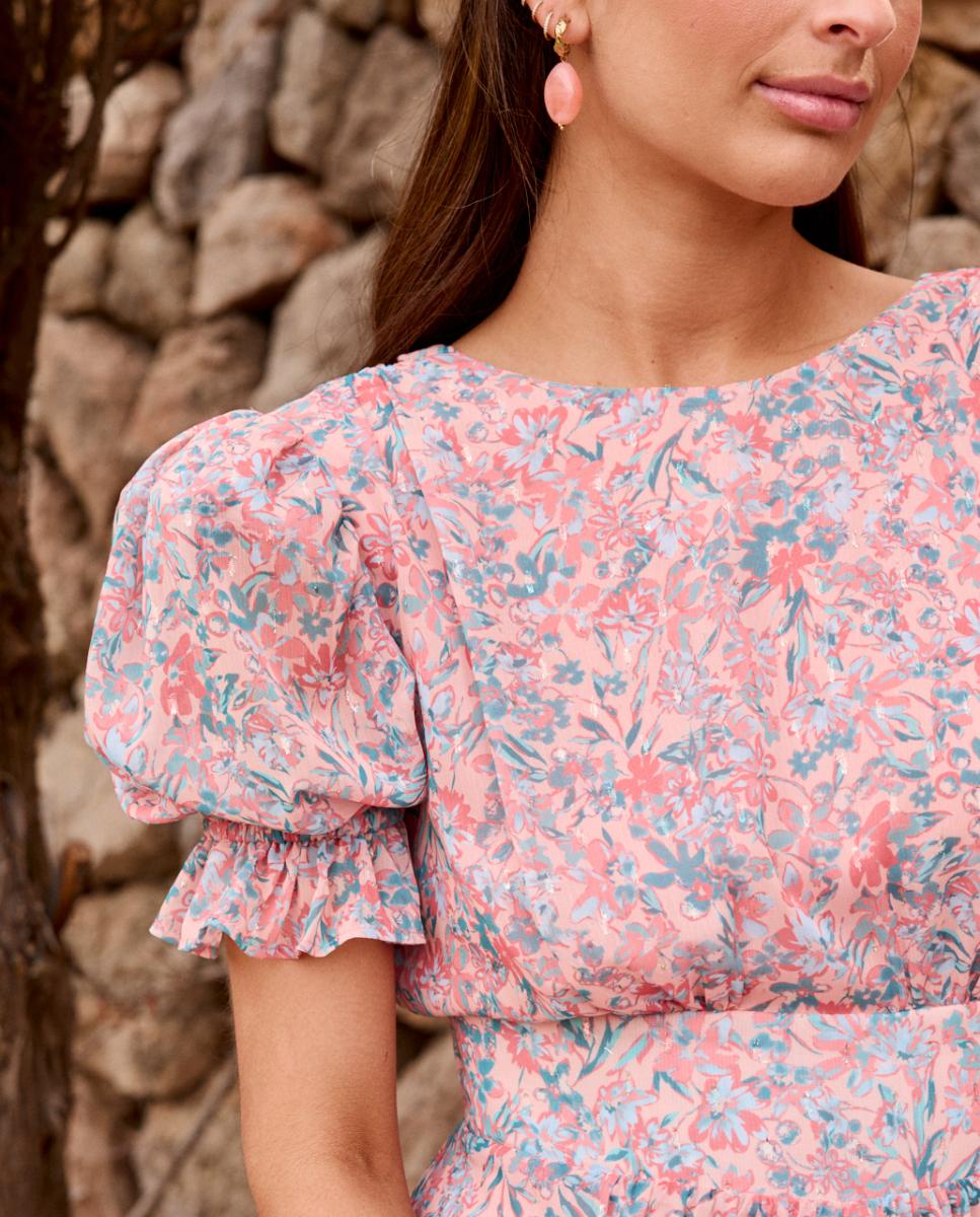 Vestido de Convidada com Mangas em Balão e Estampado Floral Bege-6