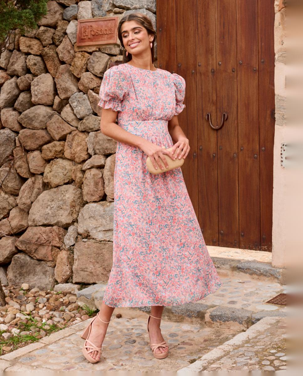 Vestido de Convidada com Mangas em Balão e Estampado Floral Bege-7