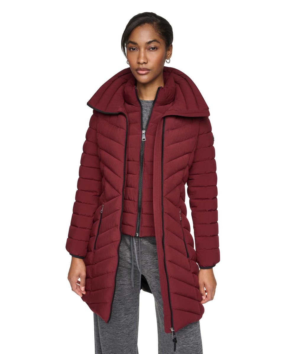 Sobretudo Acolchoado Comprido com Capuz Grená-4