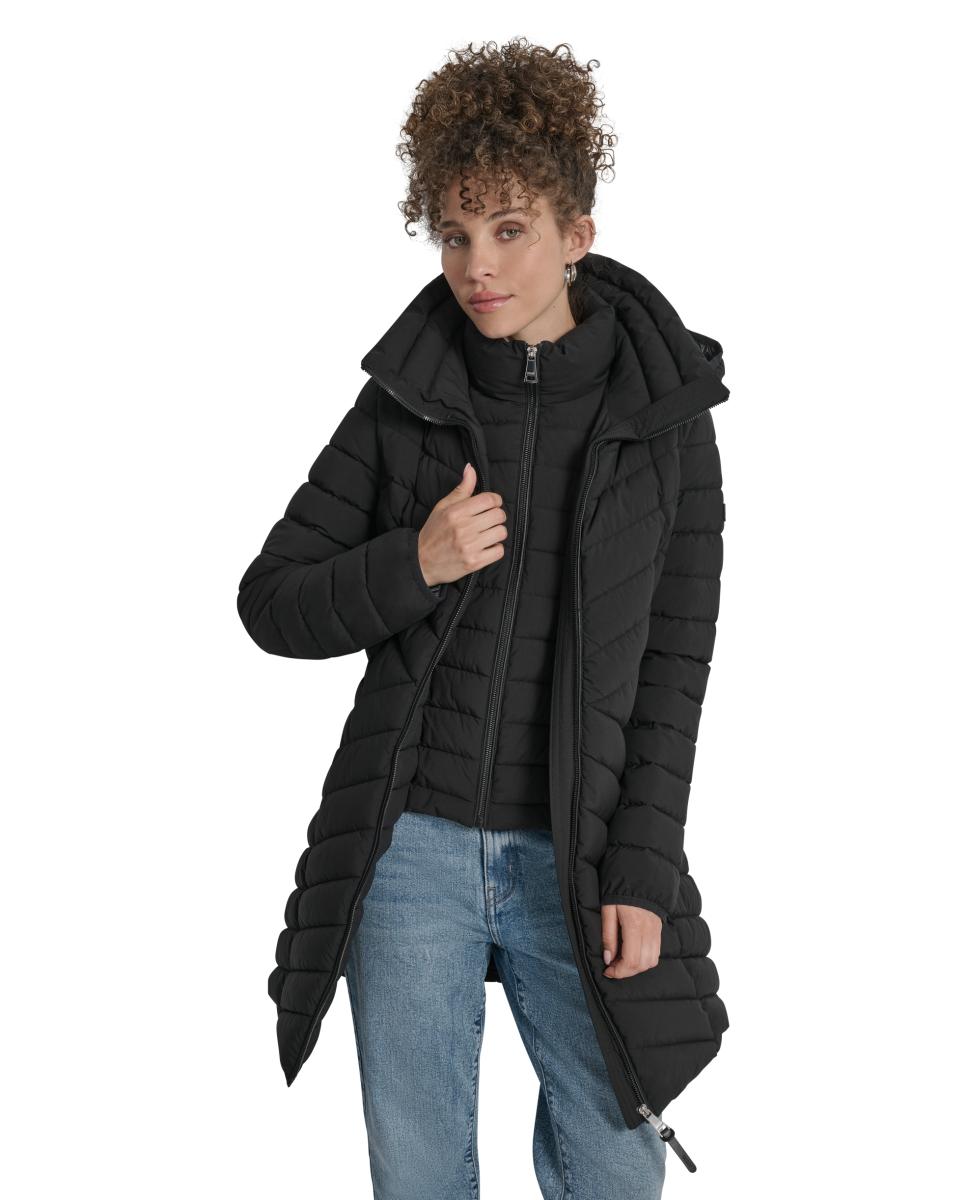 Sobretudo Acolchoado Comprido com Capuz Preto-5