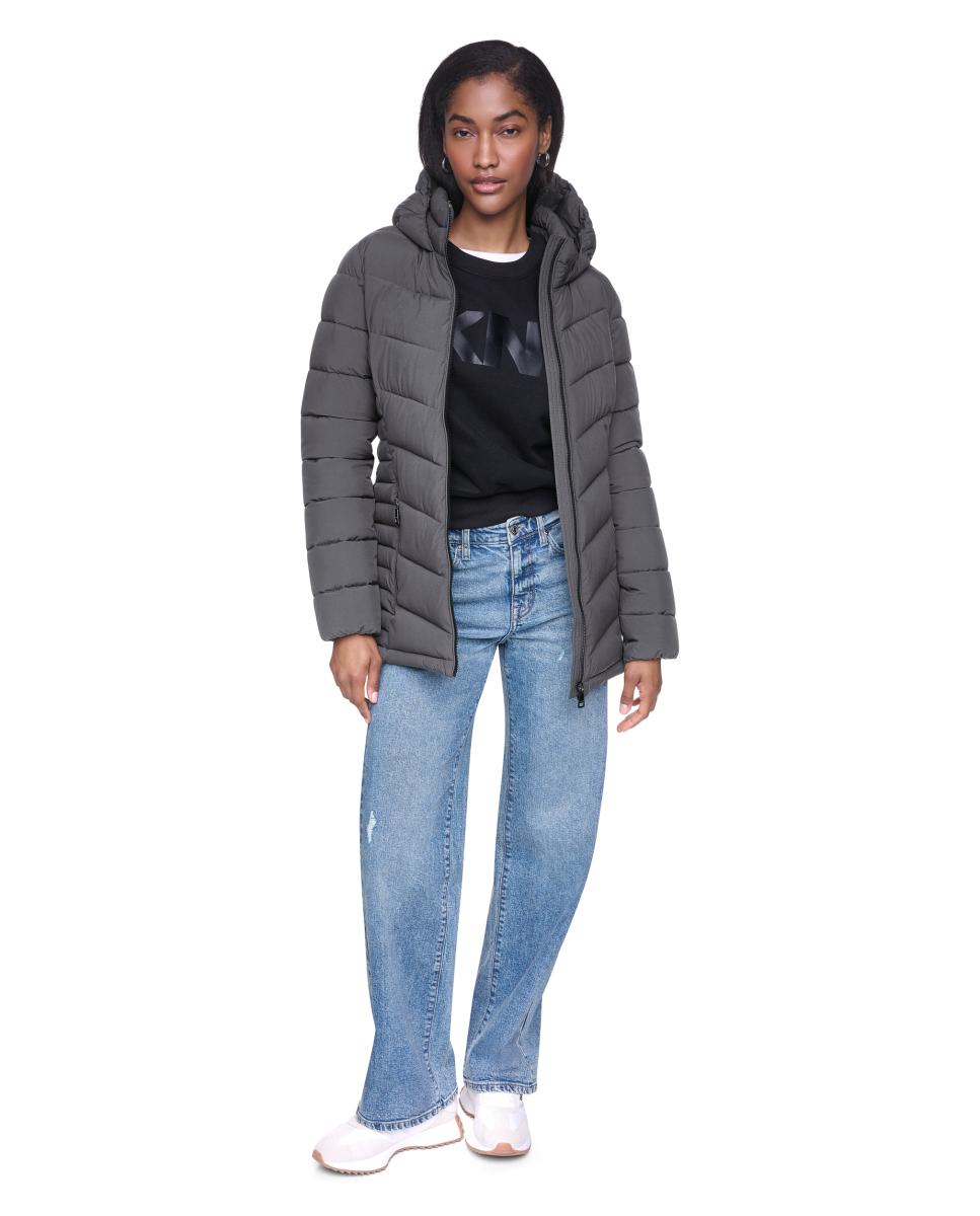 Chaqueta acolchada de mujer con capucha - DKNY - Gris oscuro Gris oscuro-2