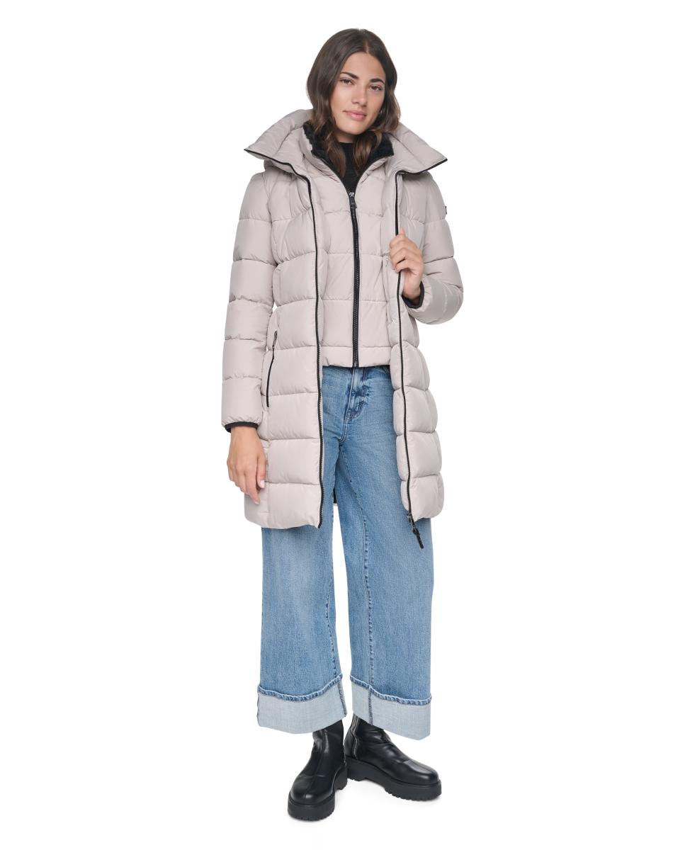 Sobretudo Acolchoado Comprido com Capuz Cinzento-claro-5