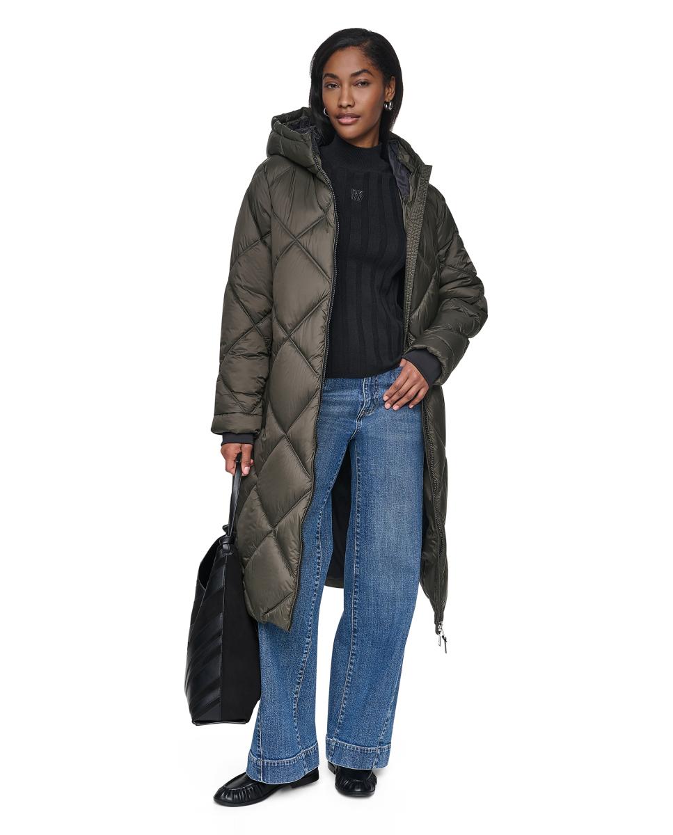 Abrigo acolchado largo de mujer con capucha - DKNY - Gris oscuro Gris oscuro-5