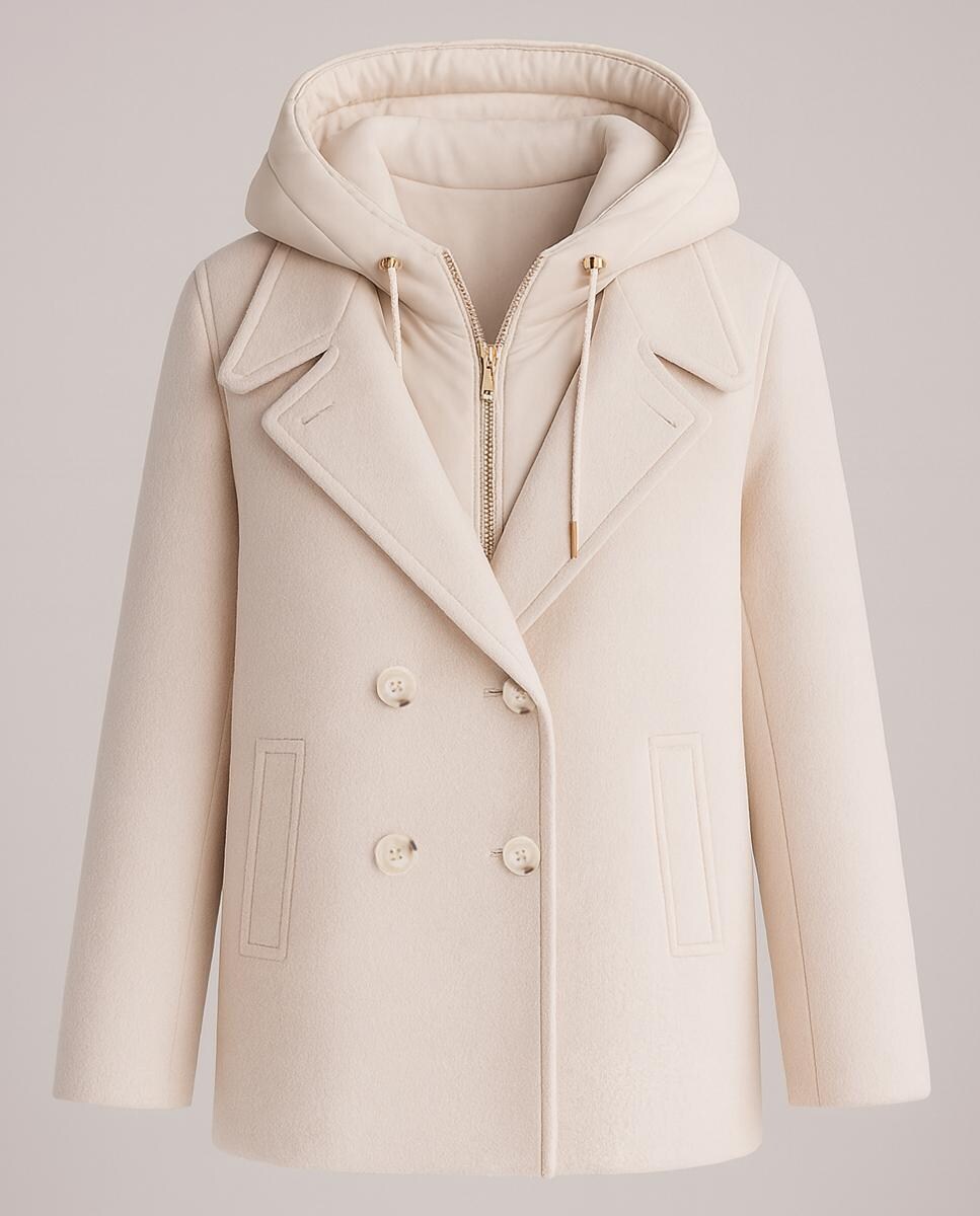 Casacão 100% Lã com Capuz Acolchoado Desmontável Natural-4