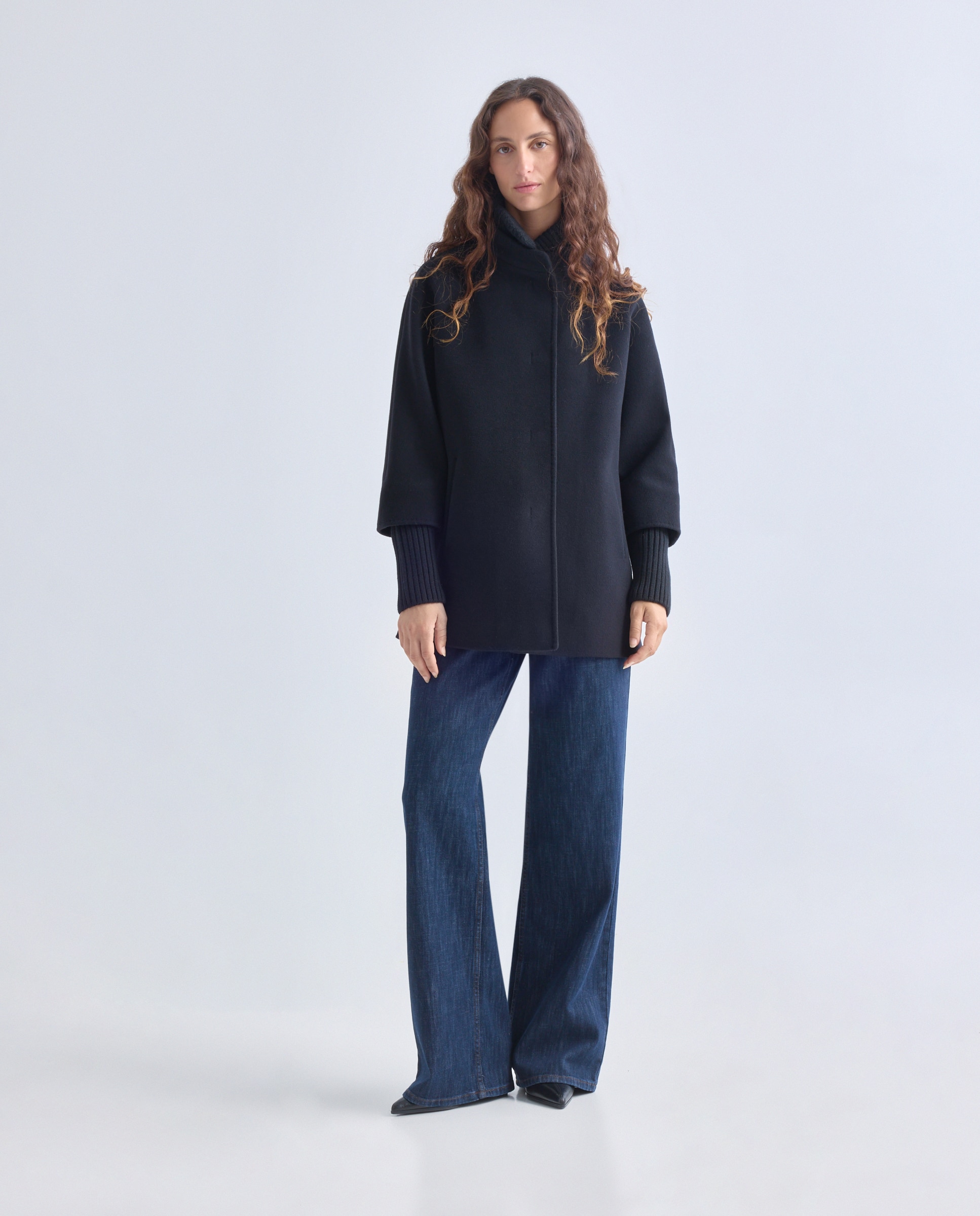 Chaquetón mujer Cinzia Rocca Icons largo cm. 75 con detalles de punto de lana. - Negro Negro-2