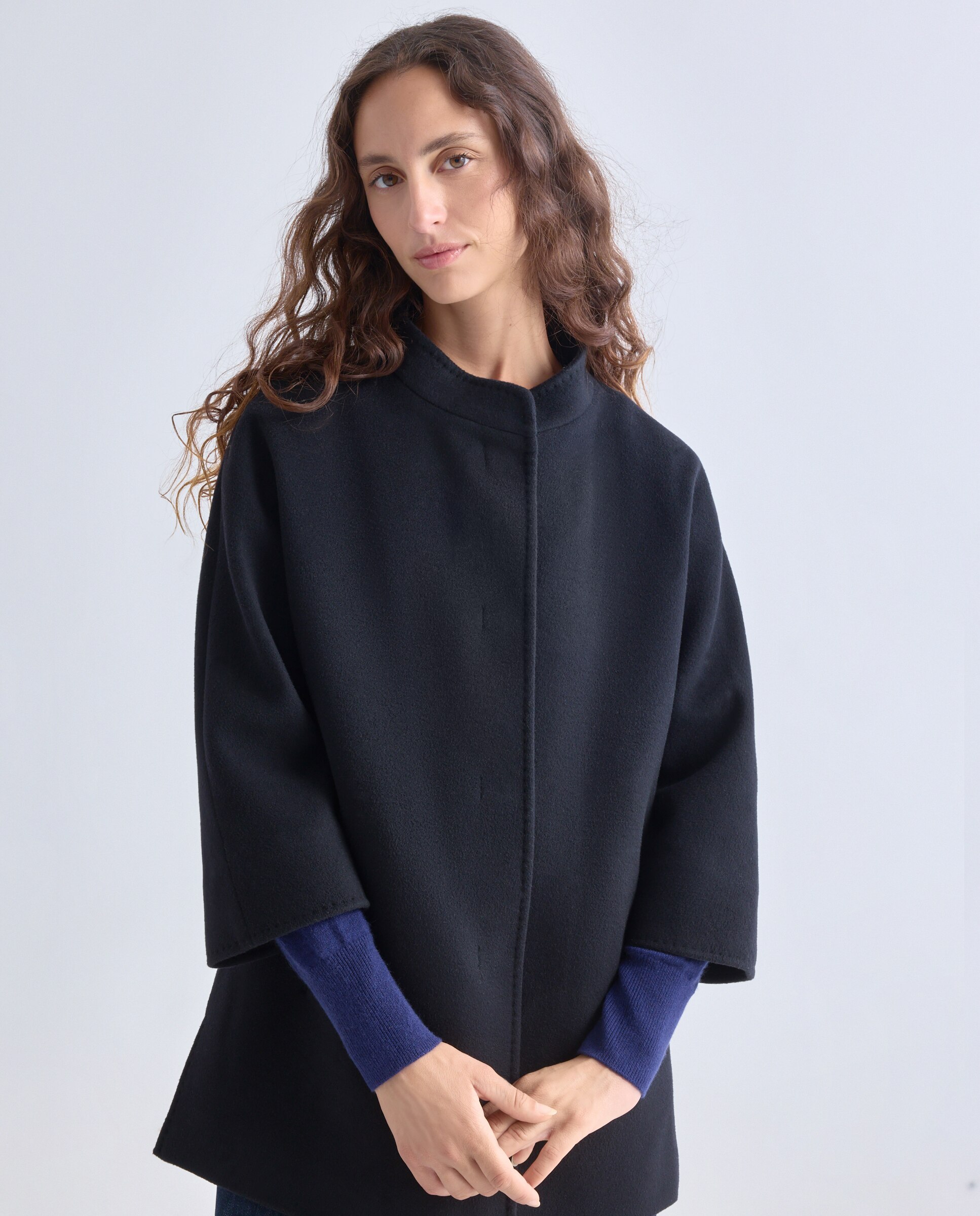 Chaquetón mujer Cinzia Rocca Icons largo cm. 75 con detalles de punto de lana. - Negro Negro-4
