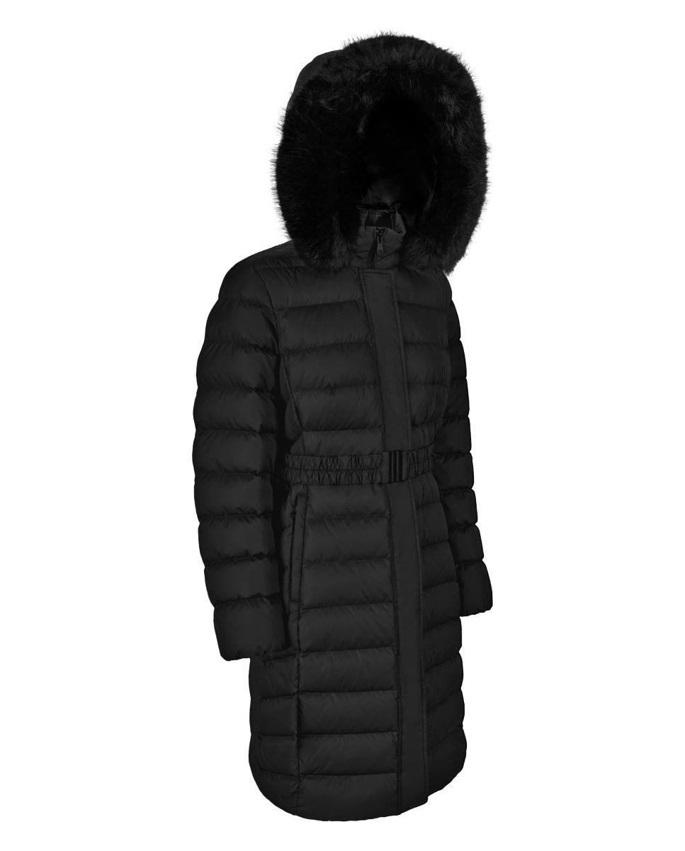 Blusão Acolchoado Comprido com Cinto e Pelo Desmontável Preto-3