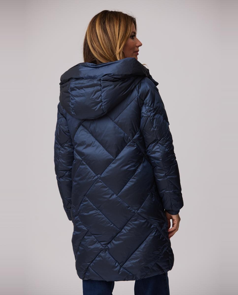 Blusão Acolchoado de 90 cm em Xadrez com Capuz Fixo Azul-marinho-3