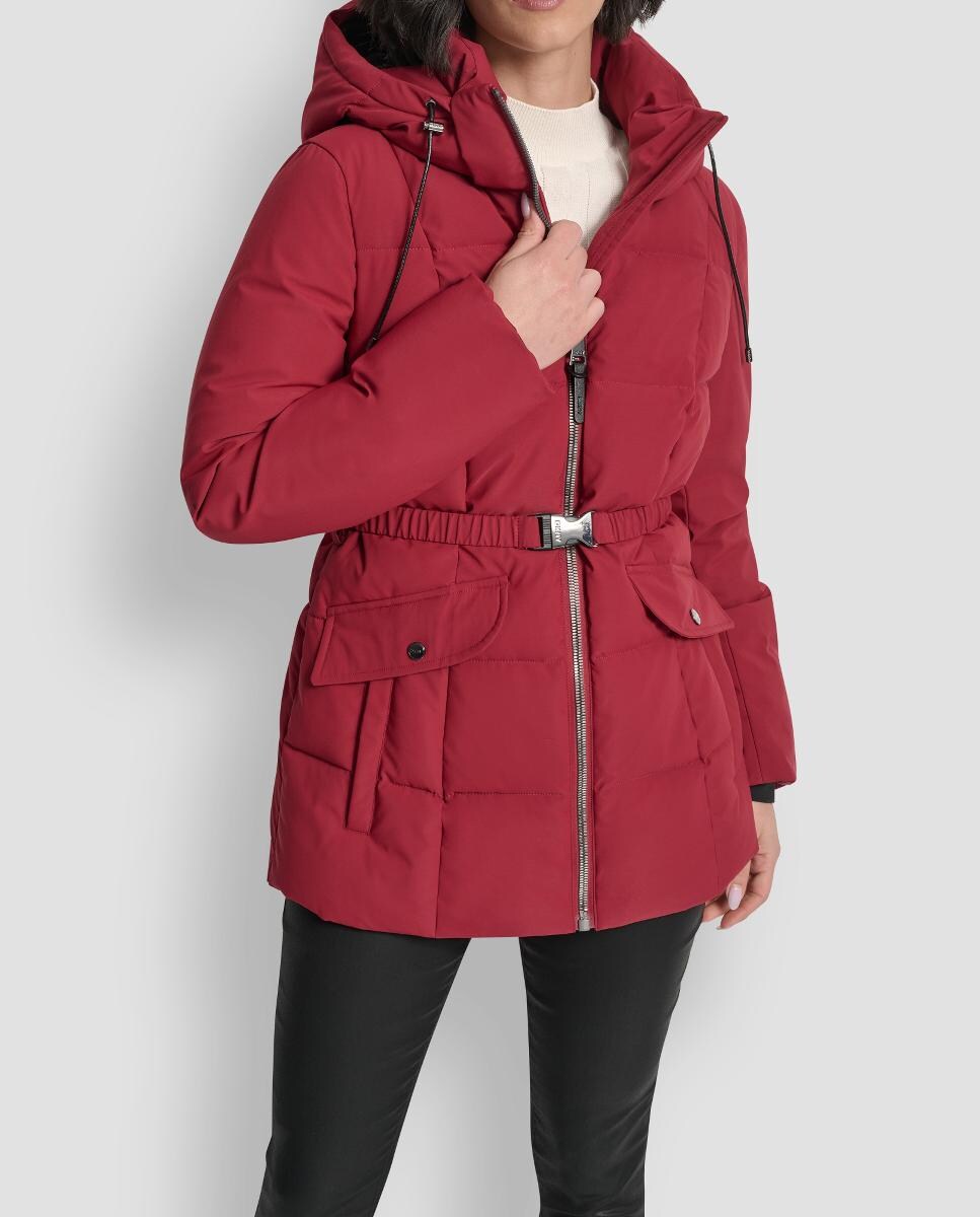 Blusão Acolchoado Curto com Fecho de Correr e Cinto Vermelho-1