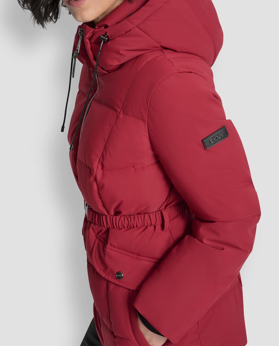 Blusão Acolchoado Curto com Fecho de Correr e Cinto Vermelho-2