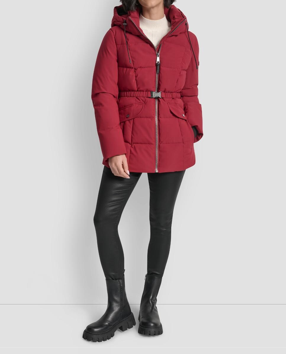 Blusão Acolchoado Curto com Fecho de Correr e Cinto Vermelho-3