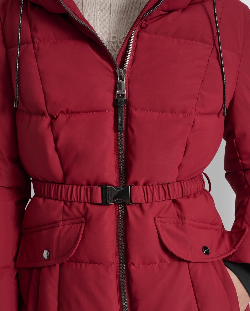 Blusão Acolchoado Curto com Fecho de Correr e Cinto Vermelho-7