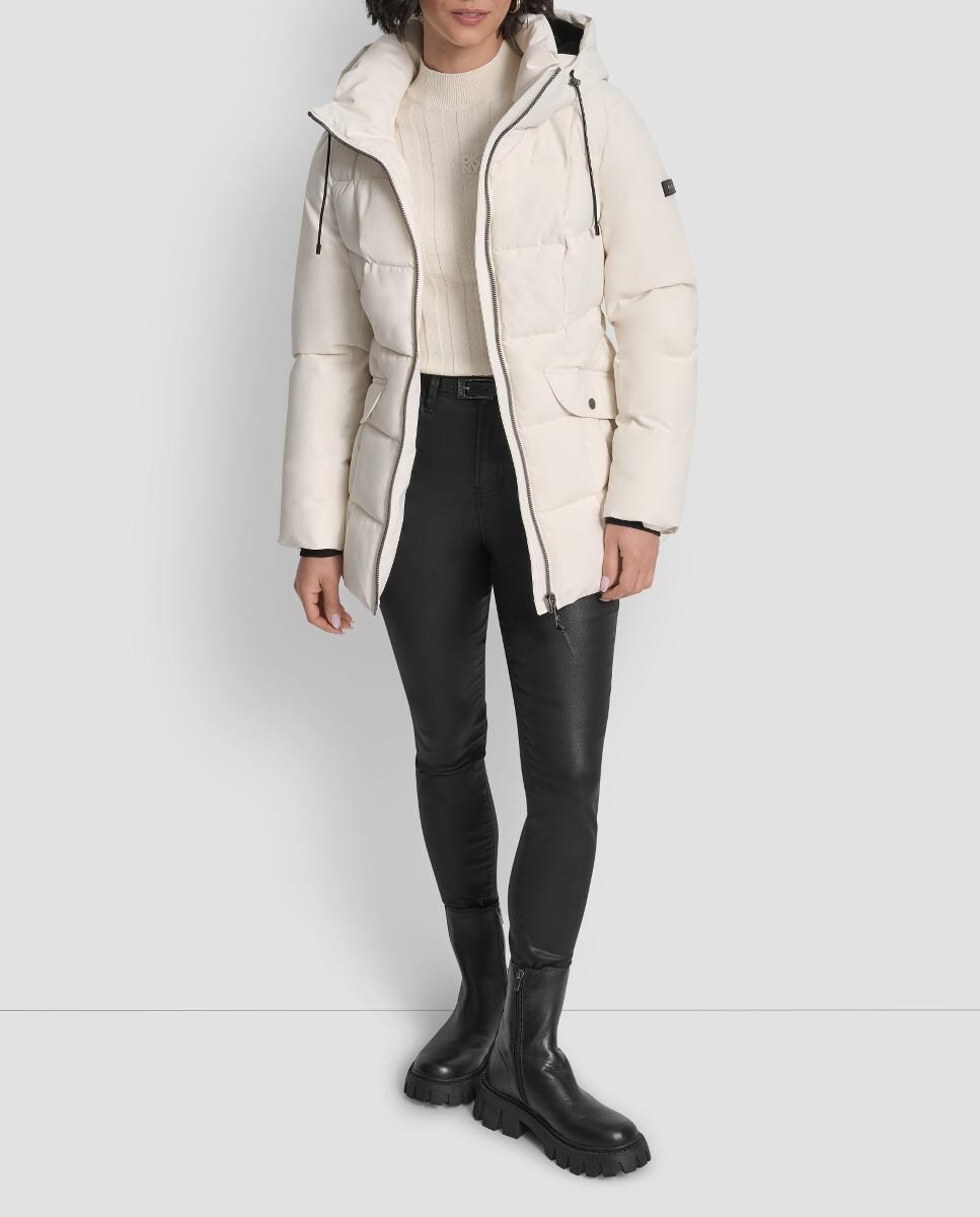 Blusão Acolchoado Curto com Fecho de Correr e Cinto Bege-1