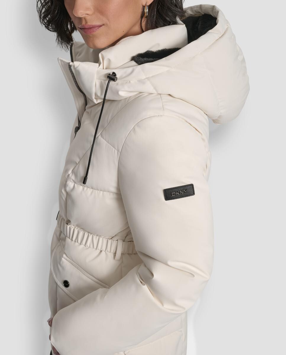 Blusão Acolchoado Curto com Fecho de Correr e Cinto Bege-5