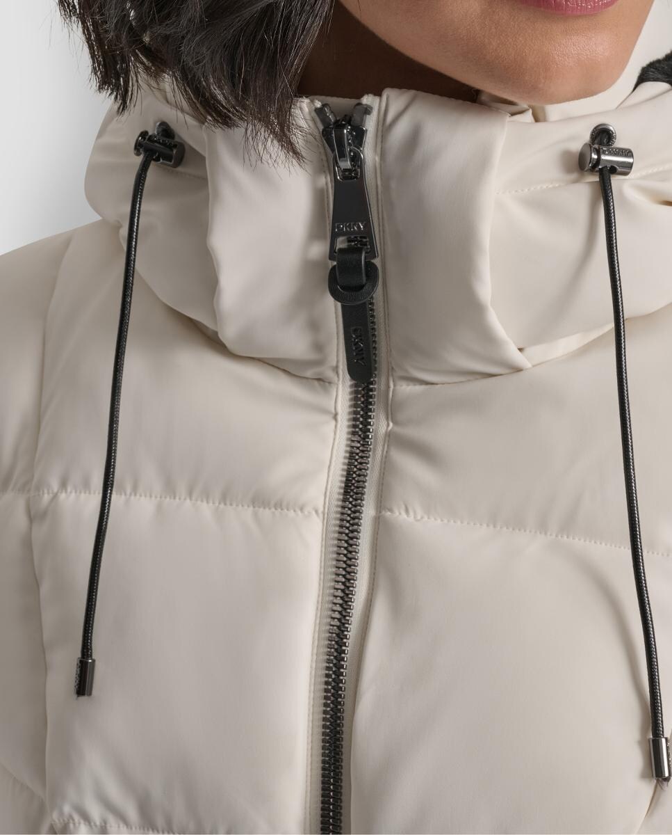 Blusão Acolchoado Curto com Fecho de Correr e Cinto Bege-6