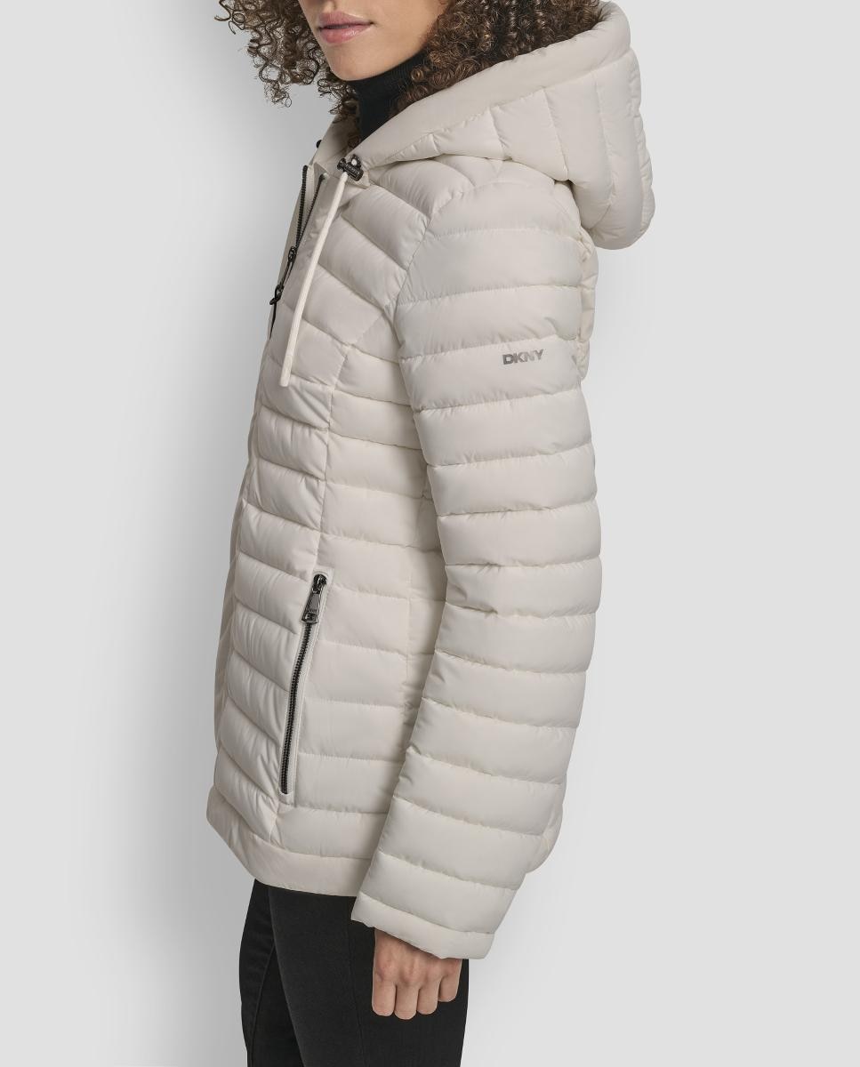 Blusão Acolchoado Curto com Fecho de Correr Bege-3