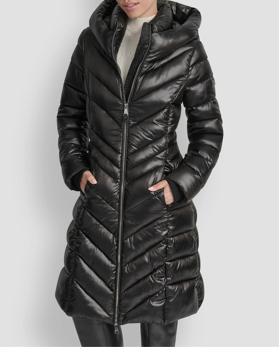 Blusão Acolchoado Comprido de Acabamento Ciré com Fecho de Correr Preto-3