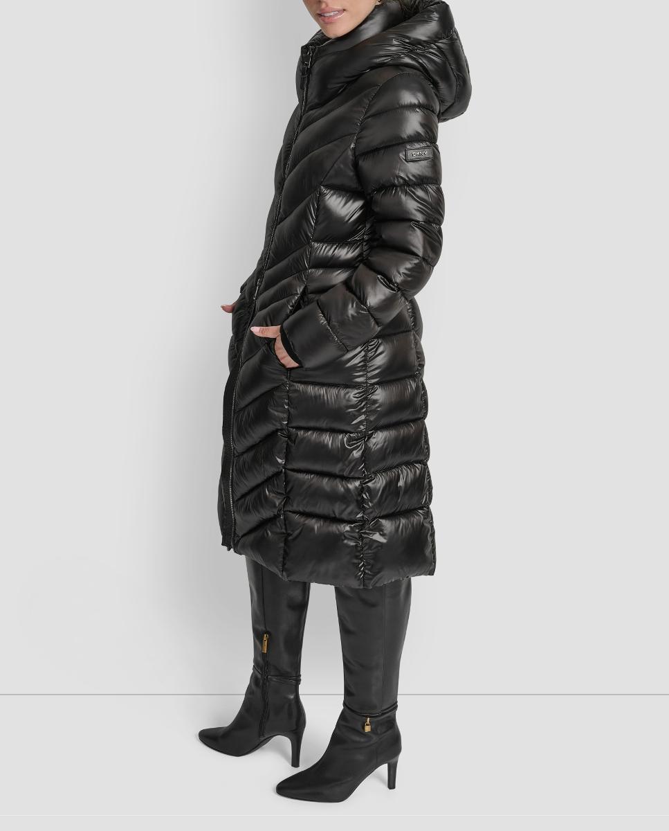 Blusão Acolchoado Comprido de Acabamento Ciré com Fecho de Correr Preto-5