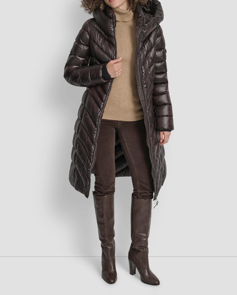 Blusão Acolchoado Comprido de Acabamento Ciré com Fecho de Correr Castanho-escuro-4