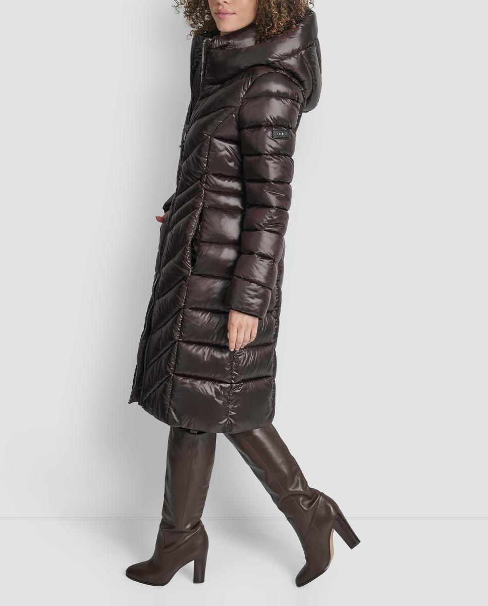 Blusão Acolchoado Comprido de Acabamento Ciré com Fecho de Correr Castanho-escuro-5