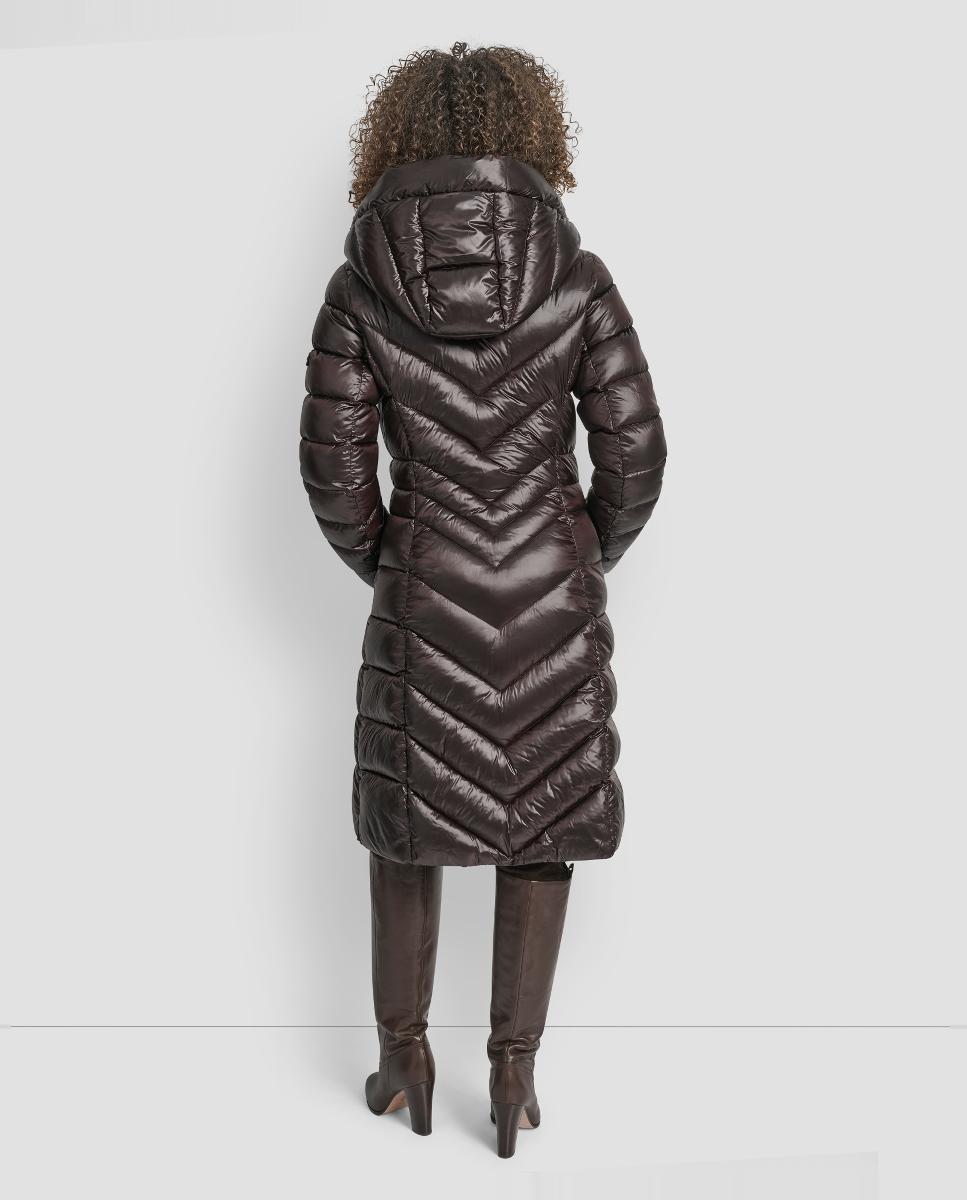 Blusão Acolchoado Comprido de Acabamento Ciré com Fecho de Correr Castanho-escuro-7