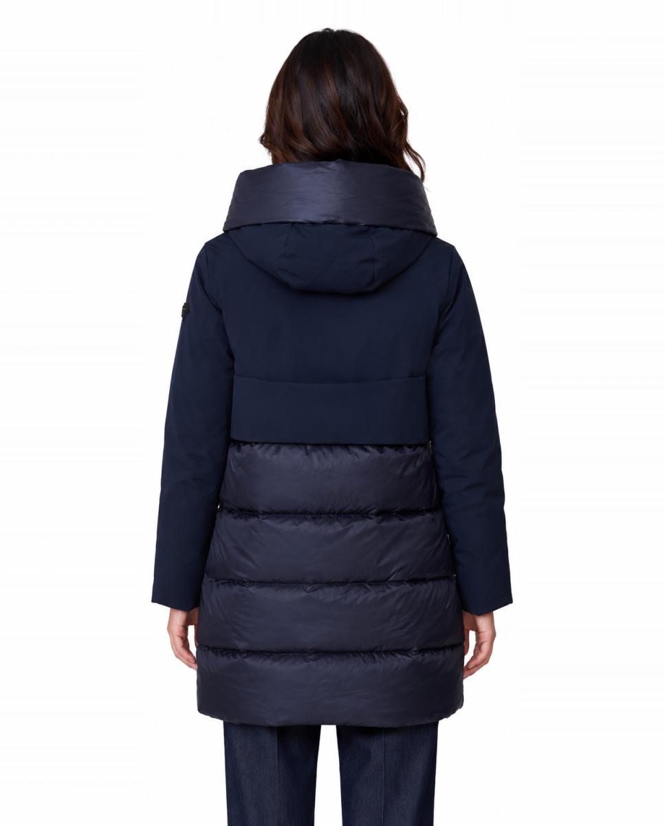 Parka Lisa com Interior Acolchoado com Penugem Combinando Tecidos Mate e com Brilho. Capuz Fixo. Azul-marinho-4