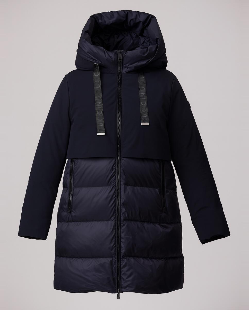 Parka Lisa com Interior Acolchoado com Penugem Combinando Tecidos Mate e com Brilho. Capuz Fixo. Azul-marinho-4