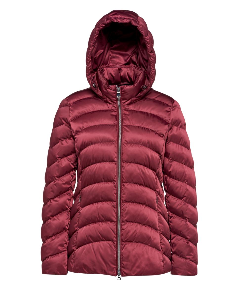 Imagen 1 de Chaqueta corta de señora con tejido satinado y capucha desmontable Burdeos