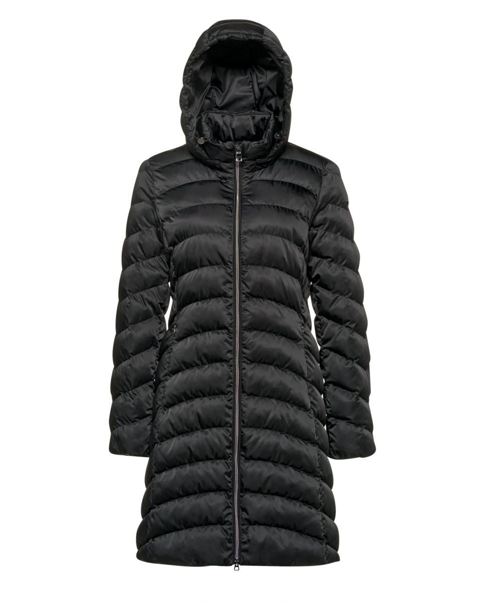 Imagen 1 de Chaqueta larga de señora con tejido satinado y capucha desmontable Negro