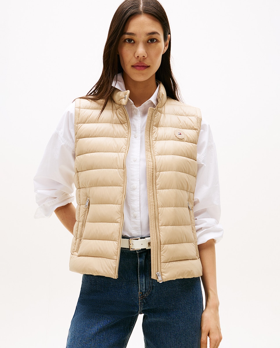 Colete Acolchoado com Fecho de Correr Bege-1