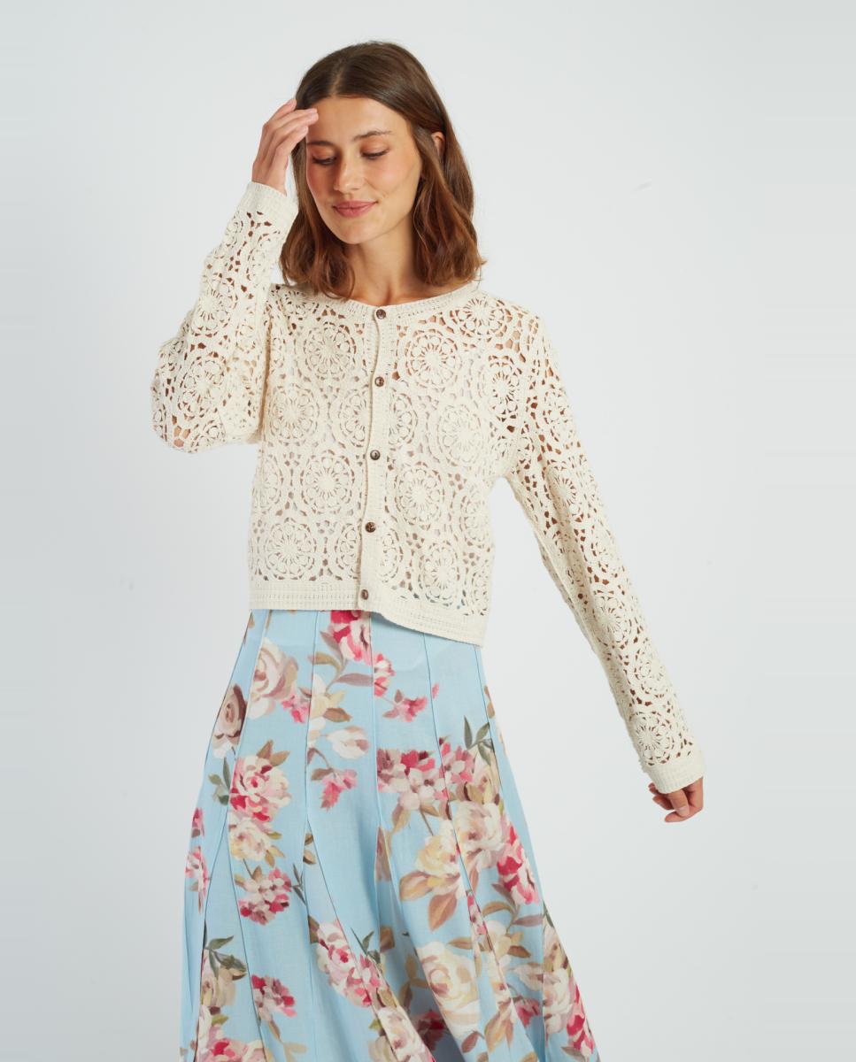 Cardigan de Malha com Decote Redondo e Manga Comprida Creme-2